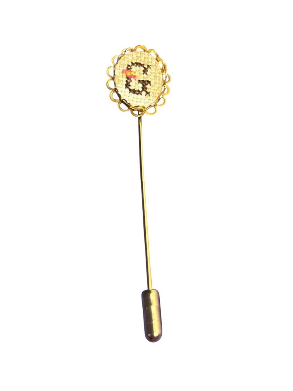 Needlepoint G Initial Stick Pin Goldtone 3 inch Some Staining on the Needlepoint